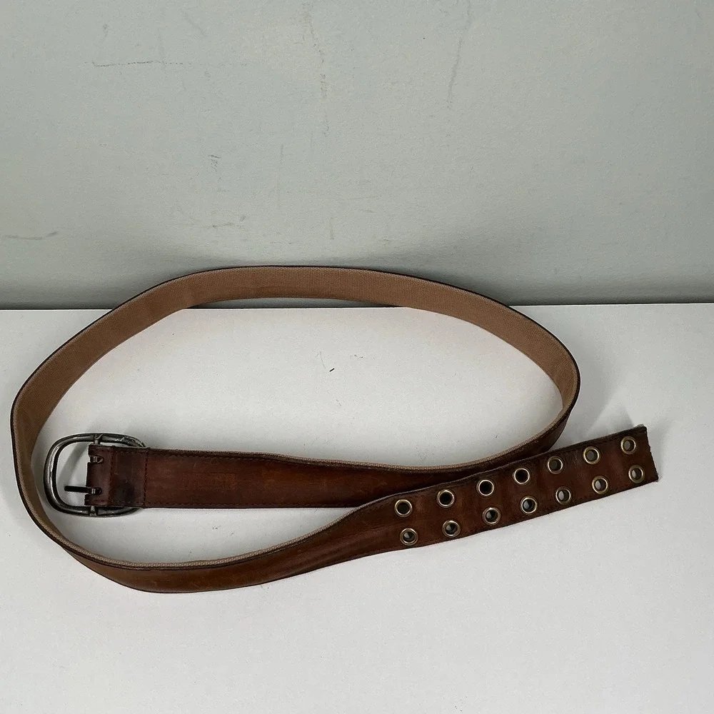 Men's Duluth‎ Belt Brown Leather Tan Canvas Striped Size 46  style 41719  Y2K
